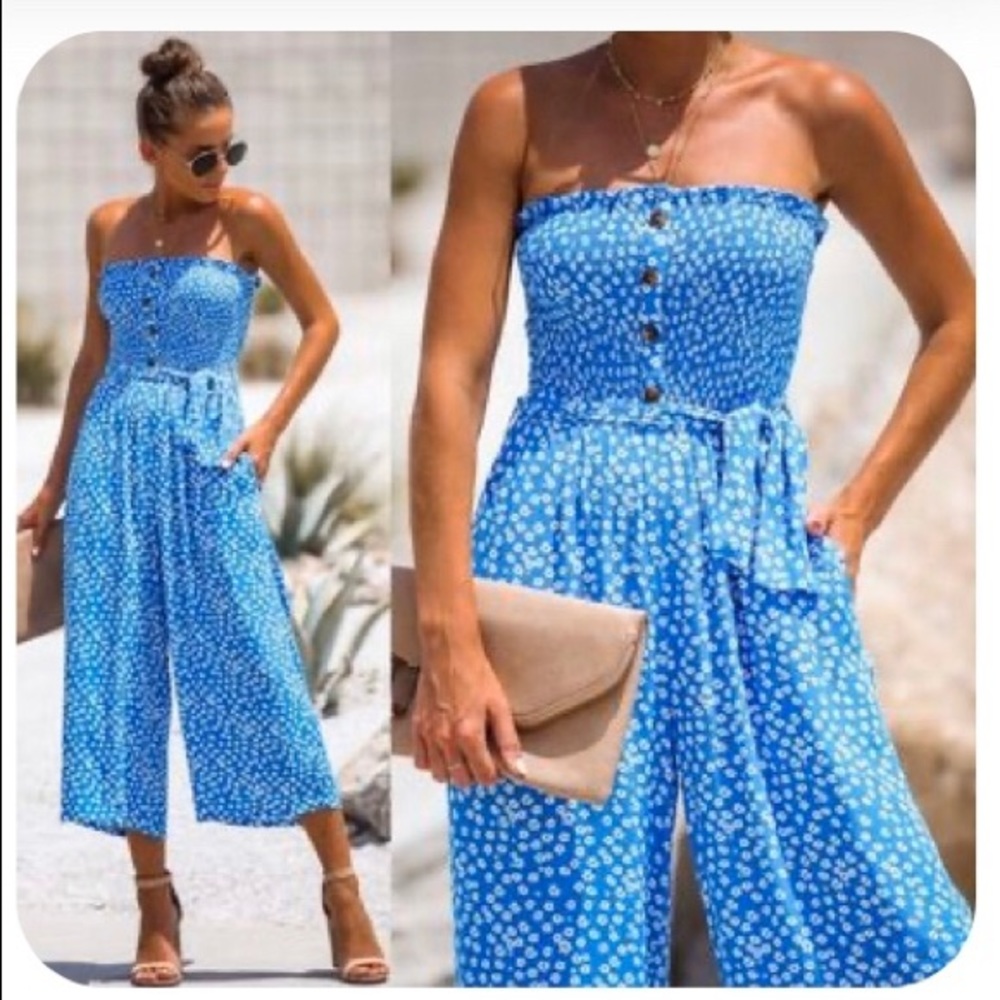 Blue strapless jumpsuit